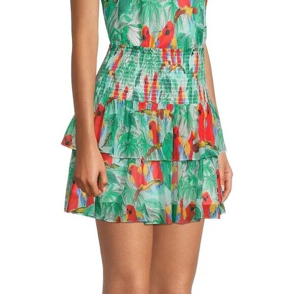 MILLY Wyatt Parrot Print Tiered Ruffled Mini Skirt Green Multi Lined NWT Size 4 - Picture 5 of 9